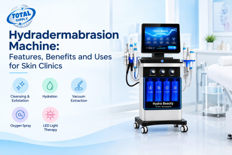 Hydradermabrasion machine with multiple facial treatment handpieces for skin clinics.